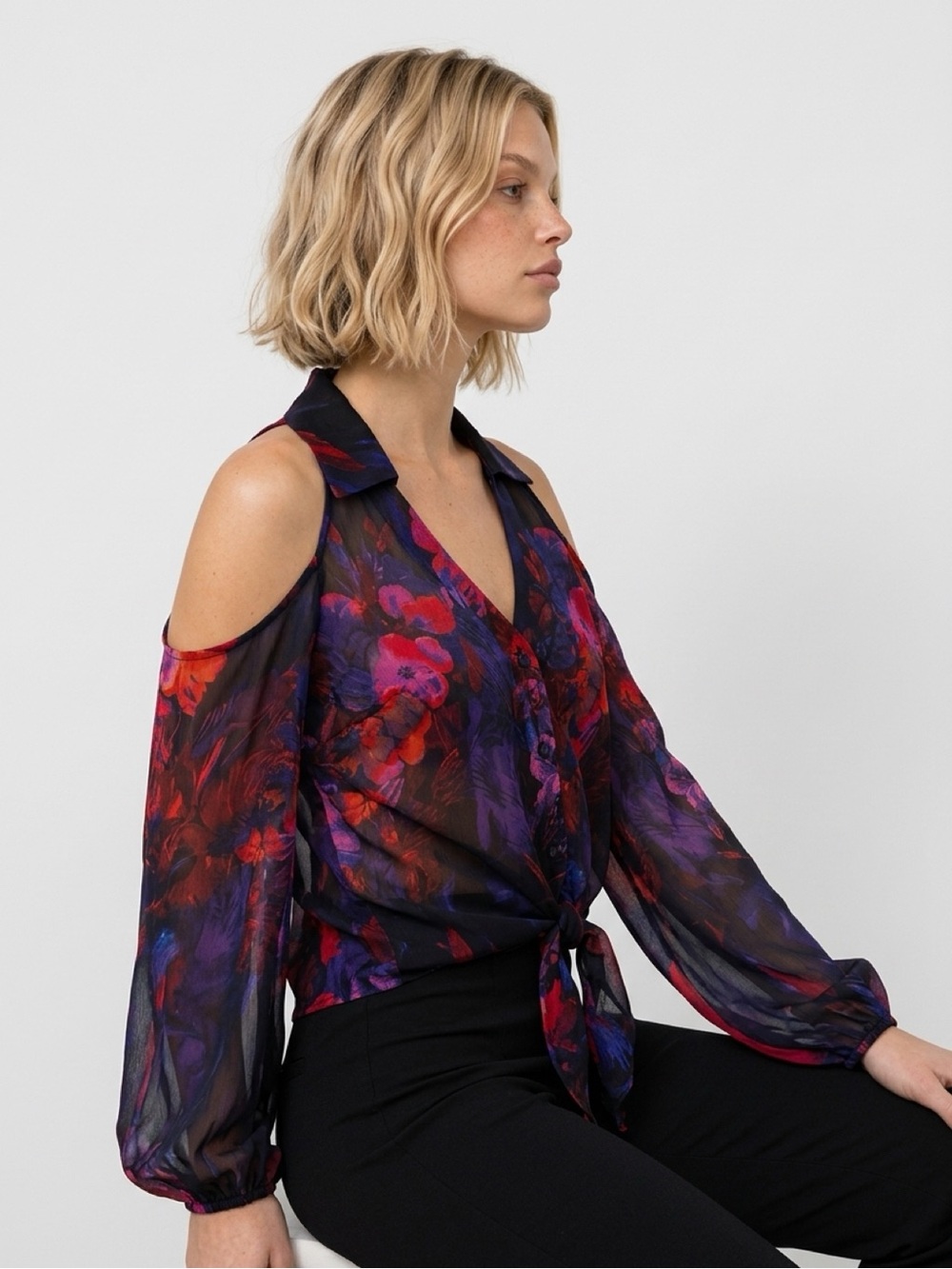 Bebe Women’s Blouse Size XXS Floral Abstract Tie Sheer Cold Shoulder Sleeves